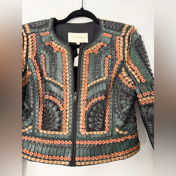 BCBGMaxAzria Runway Green & Tan Embellished Cropped Leather Jacket - Picture 2 of 7
